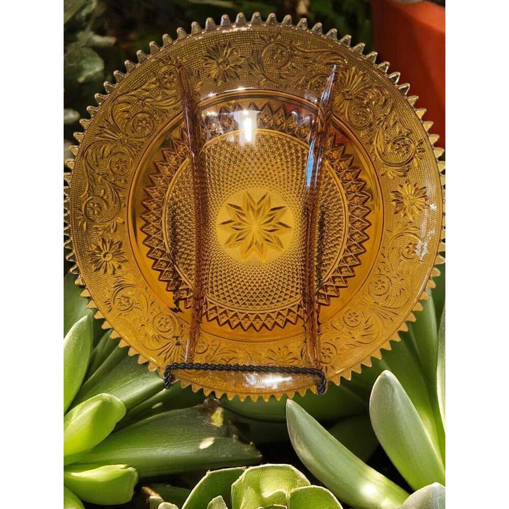 Tiara Indiana Glass Amber Glass 12" Divided 3 Sections Serving Platter